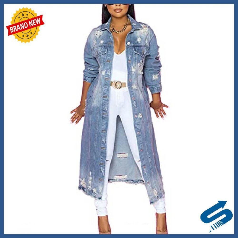 Distressed Denim Jacket Coat Ripped Holes Ankle Length Women's - Picture 2 of 7